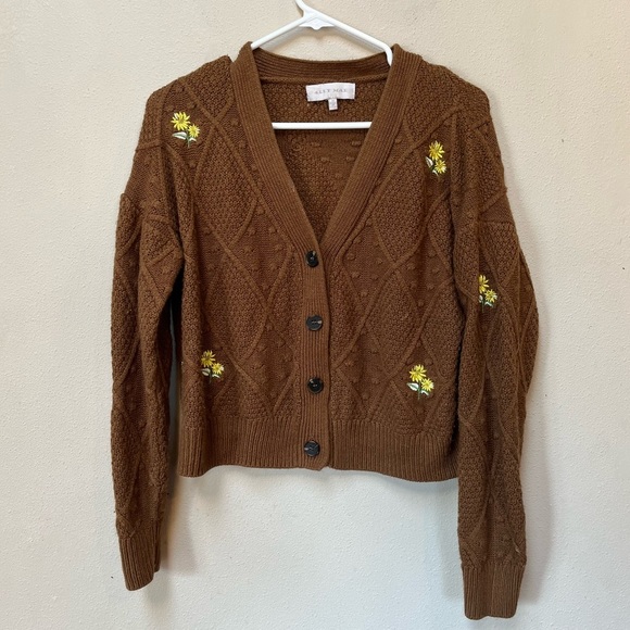 Ally Mae Sweaters - Ally Mae Women’s Brown Knitted Yellow Flower Embroidered Sweater Cardigan Medium
